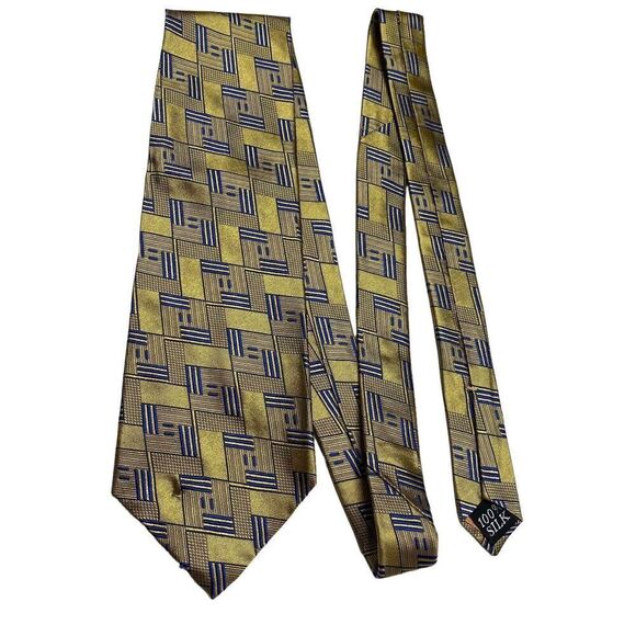 Oscar de la Renta Mens Necktie Tie Gold Blue Geometric Silk Couture Collection - Picture 8 of 8